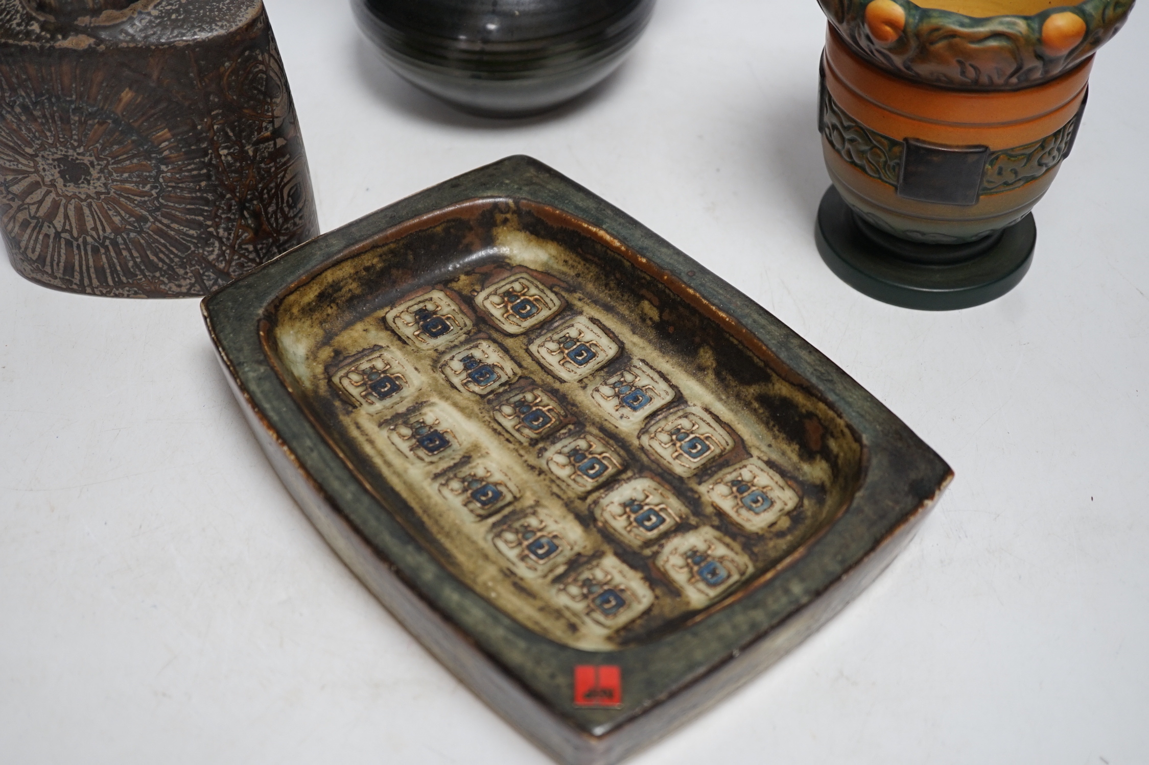 Danish ceramics, including a Royal Copenhagen rectangular shallow dish, a Royal Copenhagen vase, a pedestal vase, and a Dissing, Denmark jug, tallest 19cm